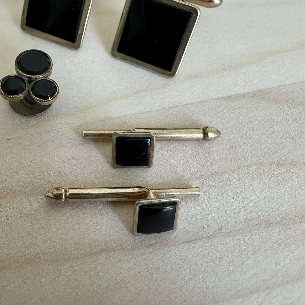 VTG Swank Square Cufflink Formal Shirt Studs Tie Tack 0.5-1 Inch Black Onyx Gold